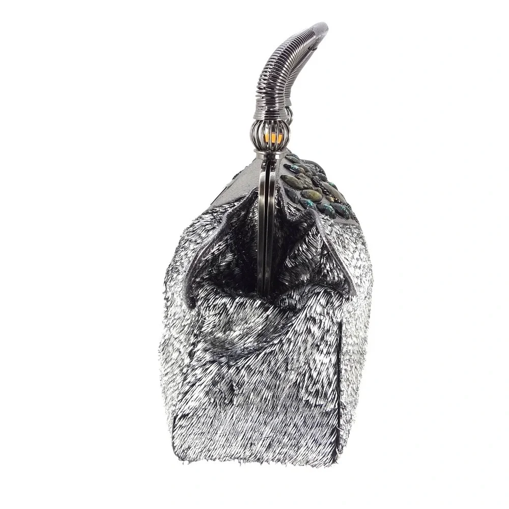 Original by Sharif Silver Metallic Embellished Evening Bag Tassel Frame‎ Purse